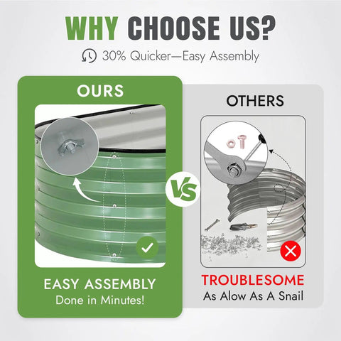Comparison showing Galvanized Raised Garden Bed Kit Three Pack Outdoor Metal Planters 4x2x1 Ft Oval Beds with easy assembly feature.