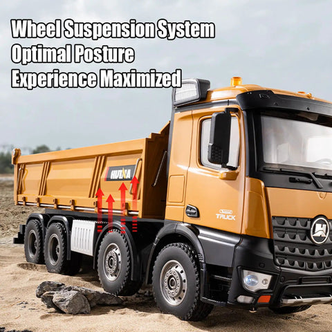 Heavy Duty RC Dump Truck 1 14 Scale, 12 Channel 4WD Remote Control Construction Vehicle on rocky terrain, side view