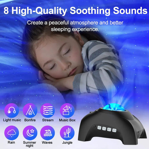 Child sleeping peacefully with Galaxy Aurora Light Projector With 33 Effects, Bluetooth Speaker And White Noise Machine next to bed