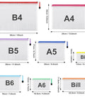Mesh Zipper Pouch Set Of 8 Colorful Waterproof Storage Bags In 8 Sizes For Travel, Office, And Home Organization Go To See Through Mesh Zipper Pouches For Cables, Makeup, And Small Gear shown in various sizes with measurements displayed.