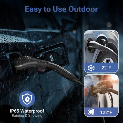 Heavy Duty Nacs To J1772 Electric Vehicle Charging Adapter For Tesla 60A 250V Juice Solid Level One And Two Wall Socket Converter in use outdoors with rain.