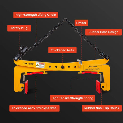 Heavy Duty Stone Lifting Clamp Features Boss Scissor Grip That Legitimately Hauls Up To One Thousand Three Hundred Twenty Three Pounds While Delivering Wide Adjustable Span From Fourteen Inches To Thirty One Inches For No Sweat Granite Moving with high-strength lifting chain and safety plug.