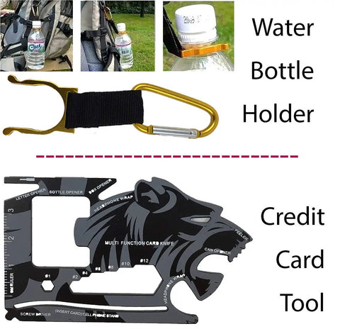 All In One 67 Piece 14 In 1 Outdoor Survival Gear Kit with water bottle holder and multi-tool credit card