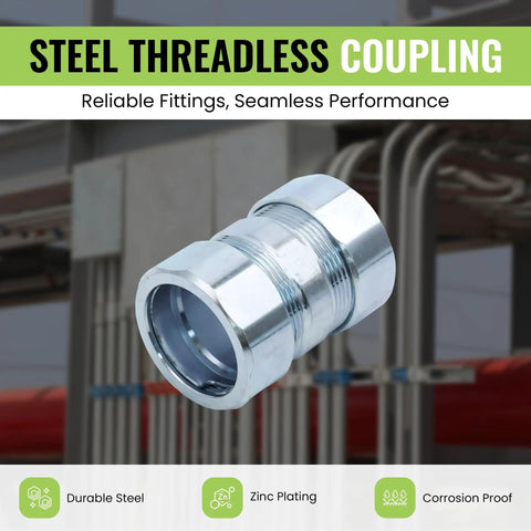20 Pack Lighting Threadless Couplings For Half Inch Electrical Conduit Fittings, Zinc Plated Steel, in front of a powerline grid