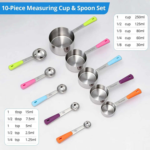 Stainless Steel Measuring Cups And Spoons Set 10 Piece For Cooking And Baking Includes 5 Cups And 5 Spoons With Colorful Handles