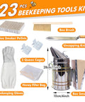All In One Beekeeping Tools Kit 22-Piece With Durable Organizer Case showing smoker, brush, knife, gloves, and queen cages.