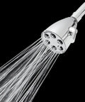 Dope Solid Brass Shower Head With Anystream 360 Tech shown in chrome with adjustable water streams cascading down, easy side handle visible.