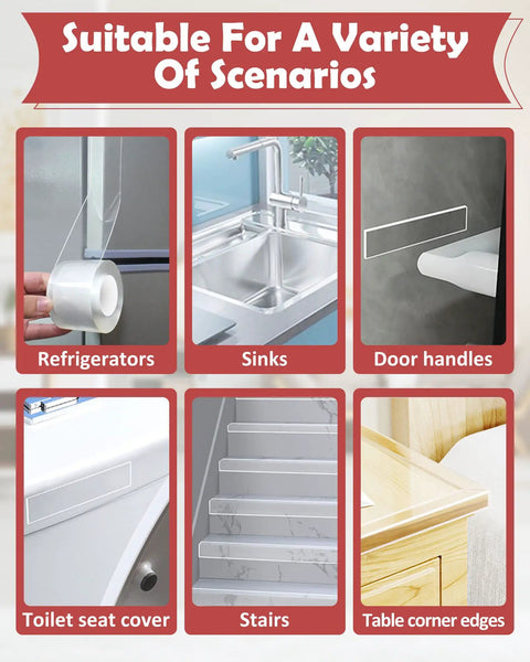 Clear Edge Protectors For Baby Proofing on various surfaces like refrigerators, sinks, door handles, stairs, and furniture.