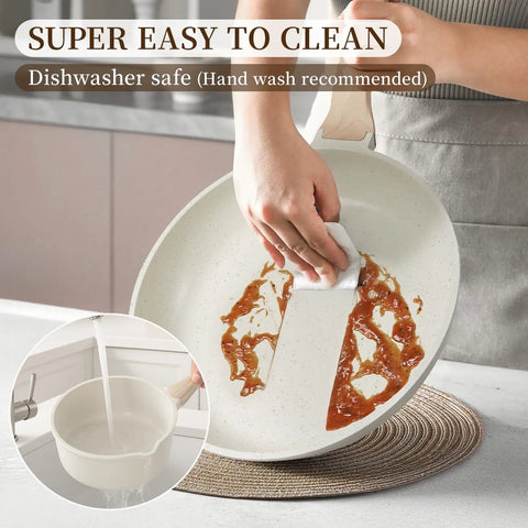 Hand cleaning white nonstick pan from 16 Piece Ceramic Pots And Pans Set Nonstick With 9.5 Inch Grill Pan Induction Compatible PFAS Free