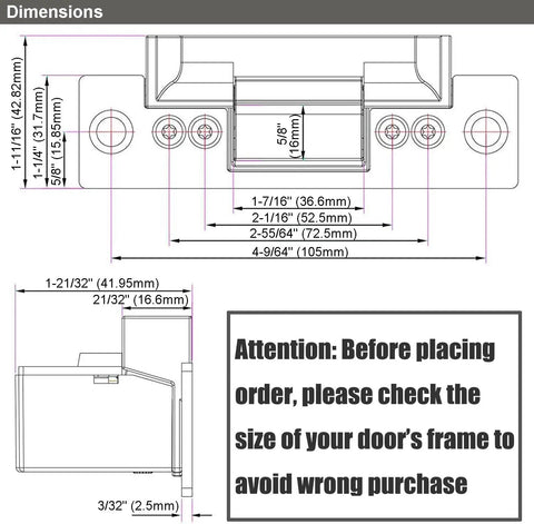 Technical dimensions of Heavy Duty Electric Strike Lock For Door Access Control Systems, Fail-Secure If Power Drops, ANSI Standard.