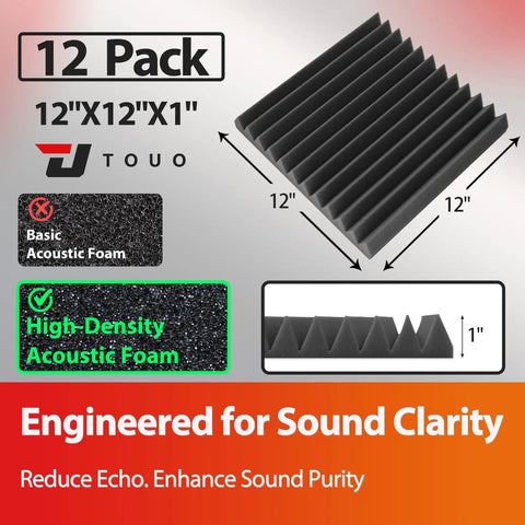 12 Pack Acoustic Foam Panels For Walls 12x12x1 High Density Wedge Foam for Sound Absorption in Home Studio, Black, Side View
