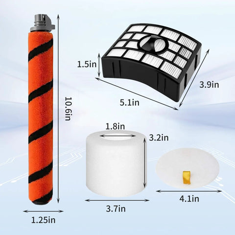 Replacement Brush Roll and Foam Filter Kit for Shark Apex DuoClean Vacs AZ1000 AZ1002 AZ1003BRN AX950 with parts dimensions