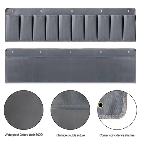 Grey overbed hanging shoe organizer with ten pockets and sturdy hooks for RV and bedroom storage shown unfolded.