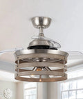 Retractable 36 Inch Ceiling Fan With Lights And Remote In Brushed Nickel, Quiet Motor, in modern bedroom showing blades retracted