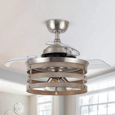 Retractable 36 Inch Ceiling Fan With Lights And Remote In Brushed Nickel, Quiet Motor, in modern bedroom showing blades retracted