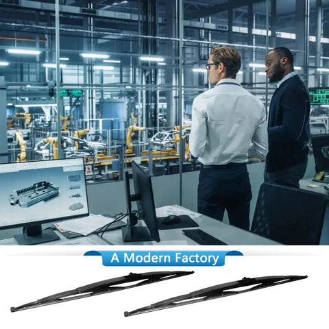 No Sweat Prep 32 Inch RV Windshield Wiper Blade Pair crafted tough for motorhomes displayed in a modern factory setting.