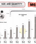 Top Shelf M6 Button Head Torx Security Screws Crafted From Badass Stainless Steel Featuring T30 Drive Bits Rust Resistant Design Tamper Proof hardware kit size chart with screw dimensions.