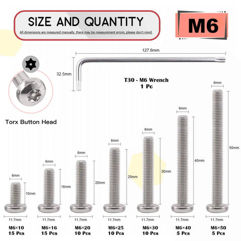 Top Shelf M6 Button Head Torx Security Screws Crafted From Badass Stainless Steel Featuring T30 Drive Bits Rust Resistant Design Tamper Proof hardware kit size chart with screw dimensions.