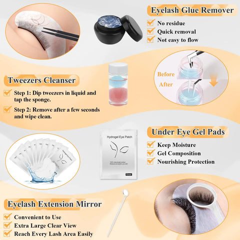 All In One Lash Extension Practice Kit For Beginners with glue remover, tweezers cleanser, under eye gel pads, mirror, and guide.