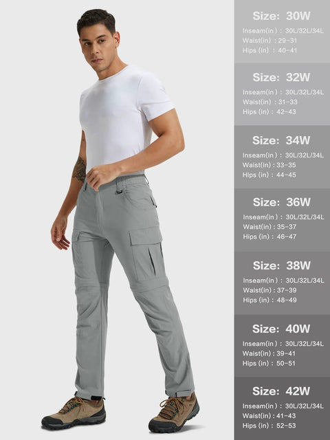 Model wearing Men's Hiking Convertible Pants Zip Off for Outdoor Adventure Water Resistant Quick Dry in Light Grey 38W X 34L.