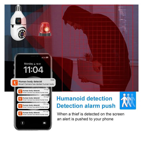 Image showing Dual Lens Indoor Wireless Security Camera Featuring Straight Up Crystal Clear Video And Kickass 360 Pan Tilt With Full Color Night Vision Smooth Dual Band WiFi Streaming And Legit Motion Tracking Alerts For Solid Home Protection with humanoid detection alerts on a smartphone.