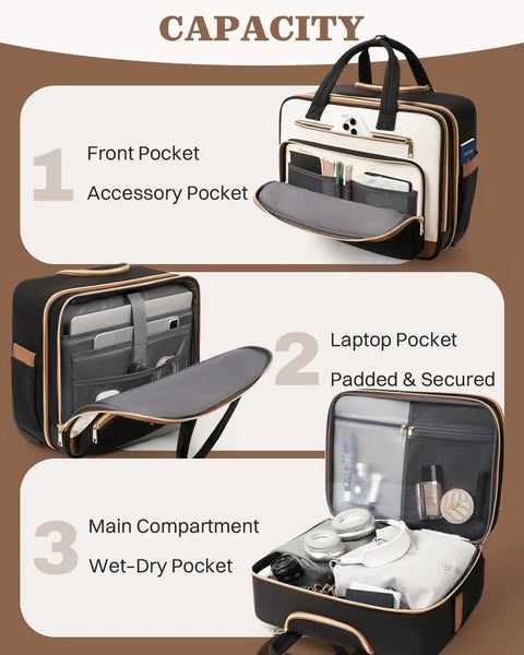 Wheeled Laptop Bag For Women 16 Inch Rolling Briefcase Water Resistant And Stylish Carry On Luggage With Wheels Ideal For Work Travel And Business Beige Brown showing compartments