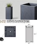 Crack-Resistant Lightweight Concrete Planter, Tall 19.9 Inches, Charcoal Rectangular Plant Pot With Drainage Hole And Rubber Plug