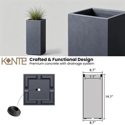 Crack-Resistant Lightweight Concrete Planter, Tall 19.9 Inches, Charcoal Rectangular Plant Pot With Drainage Hole And Rubber Plug