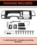 Front view of ECOTRIC double-DIN dash panel kit for 1995-2002 GM C/K trucks; bezel, mounting hardware, wiring harness.