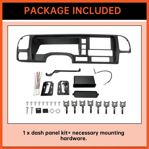 Front view of ECOTRIC double-DIN dash panel kit for 1995-2002 GM C/K trucks; bezel, mounting hardware, wiring harness.