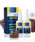 Leather Glue Pro Grade 100g Fast Setting Adhesive For Purses Shoes Car Seats Suede And Upholstery Clear Drying Strong Bond Includes Six Precision Tips Great For Wallets Belts Jackets And Quick Clean Repairs At Home showing two glue bottles, packaging, wallets, and belt.