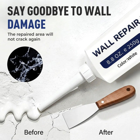 Wall Repair Paste Kit With Scraper And Nozzle Extender, Two 250g Tubes Quick Dry Mending Paste, before and after wall repair image