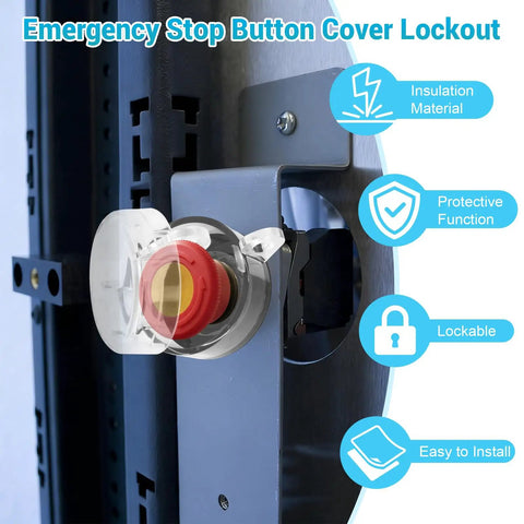 No Nonsense Emergency Stop Button Lockout Covers 4 Pack Round Transparent Protectors on control panel with benefits listed.