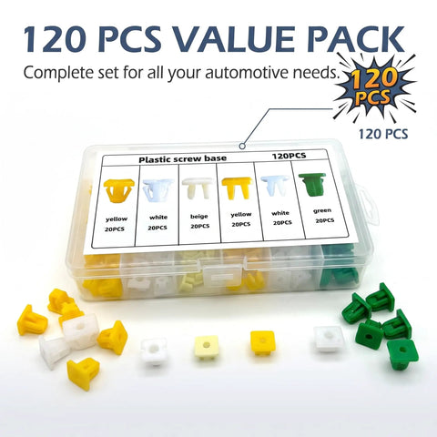 Smooth 120 Piece Nylon Grommet Screw Kit For Car License Plates And Bumper Trim Universal rust proof fasteners in assorted colors.