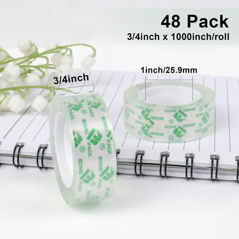 Value Pack 48 Clear Tape Rolls for Dispenser 3/4 x 1000 Inches Each 1 Inch Core with rolls displayed on notebook