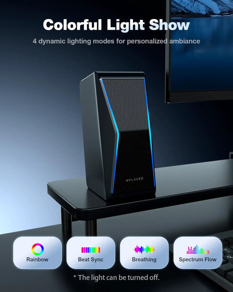 Dope Hi Fi PC Speakers With Bluetooth 5.0 And 3.5mm AUX Input, 14W RMS Desktop Speaker System with RGB Lighting on desk
