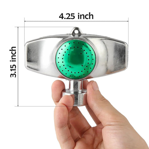 Heavy Duty Metal Lawn Sprinkler Head For Hose Gentle Water Flow With Adjustable Spray Covers Up To 30 Feet Rust Resistant Alloy Build No Fuss Yard Sprinkler For Small Yards And Gardens held in hand, showing dimensions.