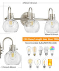 3 Bulb Brushed Nickel Wall Sconce With Clear Globe Glass Shade Totally Straight Fire Farmhouse Lighting Fixture for bathroom mirror and kitchen. Measuring 18.5 x 8.66 inches.