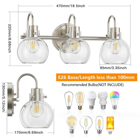 3 Bulb Brushed Nickel Wall Sconce With Clear Globe Glass Shade Totally Straight Fire Farmhouse Lighting Fixture for bathroom mirror and kitchen. Measuring 18.5 x 8.66 inches.