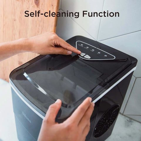 Silonn black countertop ice maker, front-angle view with lid open and control panel visible