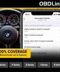 BimmerCode Ready OBD2 Adapter For BMW And Mini Bluetooth 5.1 Diagnostic Tool showing app interface on iPhone with dashboard.