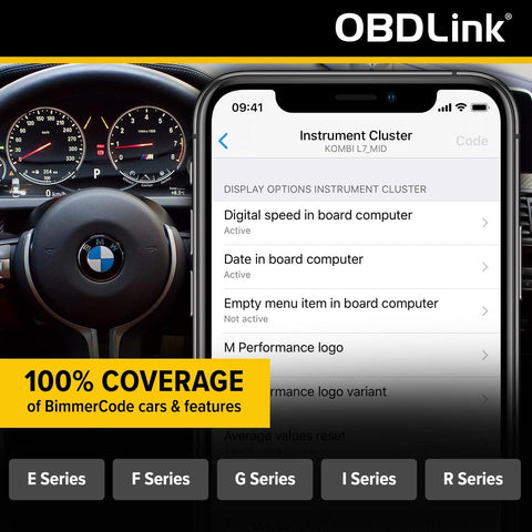 BimmerCode Ready OBD2 Adapter For BMW And Mini Bluetooth 5.1 Diagnostic Tool showing app interface on iPhone with dashboard.