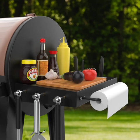 Grill Side Shelf Caddy For Pit Boss 700 And 820 Pellet Grills Easy Access Serving Tray With Paper Towels Holder And 3 Hooks Durable Mounting Shelf For Pit Boss Accessories Your Go To Pellet Grill Upgrade