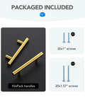 Brushed Brass Cabinet Handles with included screws, 10-Pack, showcasing contents of Brushed Stainless Steel Cabinet Handles With 3 Inch Center