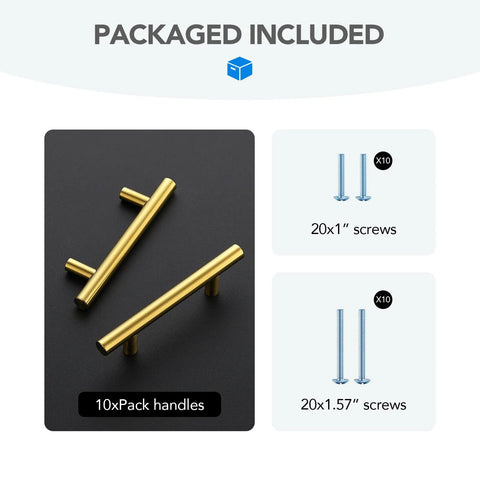 Brushed Brass Cabinet Handles with included screws, 10-Pack, showcasing contents of Brushed Stainless Steel Cabinet Handles With 3 Inch Center