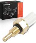 Front view: A-Premium left engine coolant temperature sensor with brass threaded tip and white body