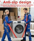 Two Person Moving Straps With Back Support used by movers to lift a washing machine, demonstrating anti-slip design.