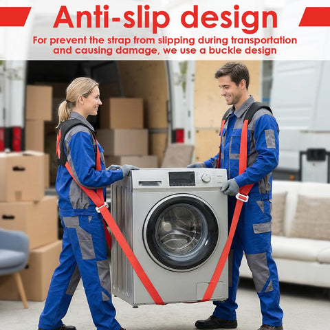 Two Person Moving Straps With Back Support used by movers to lift a washing machine, demonstrating anti-slip design.