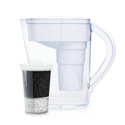 Replacement Alkaline Water Filter For At Home Pitcher With Mineral Boost, Easy Swap, Creates Mineralized Alkaline Water And Reduces Chlorine And Lead, Lasts About 300 Liters Or 80 Gallons, Eco Friendly Filtration For Cleaner Tasting Water, shown next to a clear pitcher.