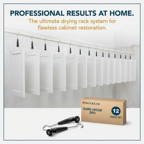 360 Degree Universal Painting Rack With No-Fuss Removable Hooks displaying hanging cabinet doors in a 12 pack drying rack set